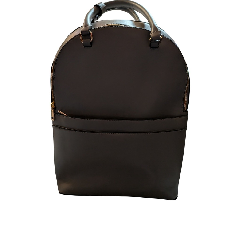 Grey Faux Leather Laptop Backpack Gold Hardware Minimalist Professional Bag